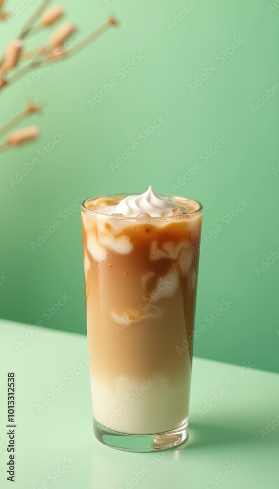 Refreshing iced latte with whipped cream against a pastel green background, perfect for coffee shops, menus, or lifestyle branding. Refreshing iced latte with whipped cream against a pastel green background, perfect for coffee shops, menus, or lifestyle branding.