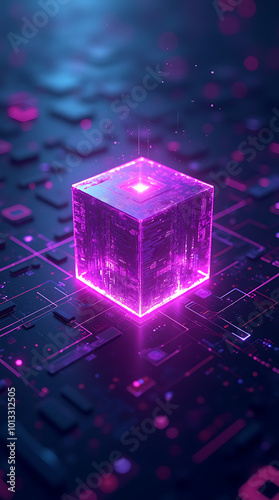 Abstract Technology Concept Featuring an Advanced Digital Purple Cube, Radiating Light and Energy, Representing Innovation and Modernity in a Futuristic Setting