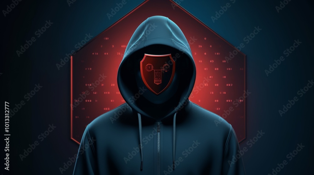 Cyber security concept featuring a man in black hoodie with red shield and padlock on dark blue Cyber security concept featuring a man in black hoodie with red shield and padlock on dark blue
