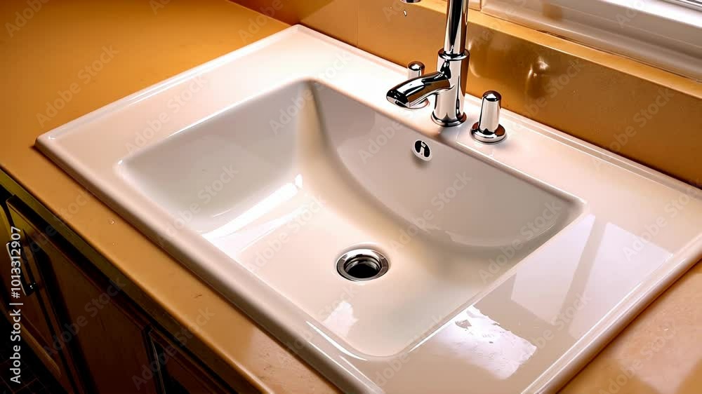 A clean, modern sink with a faucet on a polished countertop, highlighting hygiene and utility in a stylish kitchen setting. A clean, modern sink with a faucet on a polished countertop, highlighting hygiene and utility in a stylish kitchen setting.