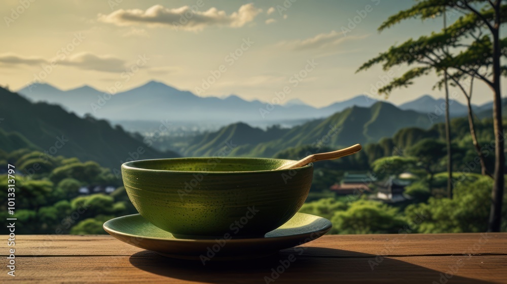 Japanese matcha drink in a bowl that made from real matcha or matcha powder Japanese matcha drink in a bowl that made from real matcha or matcha powder