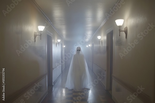 Ghostly figure in a dimly lit hallway