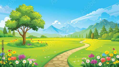 A path from the lawn to the meadows with beautiful flowers, bushes on the side, a magnificent tree, and with mountains in the background vector illustration