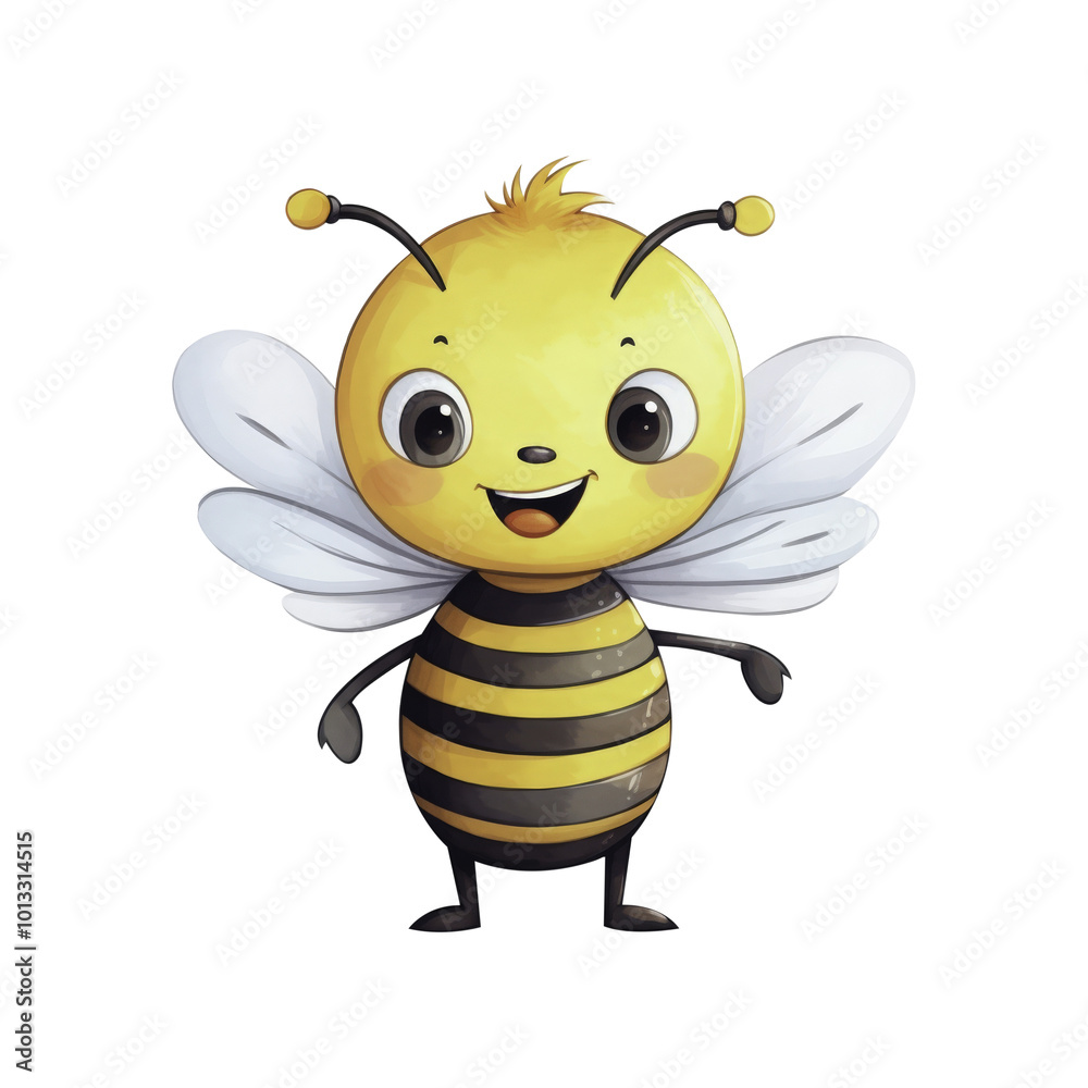 A smiling bee with yellow and black stripes, large eyes, and wings. Perfect for children's books, nature websites, and educational materials. Generative AI