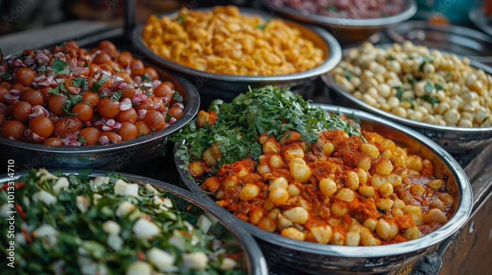 A high-resolution photo of Indian street food with vibrant spices and garnishes