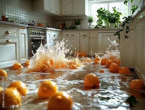 chaotic scene in a contemporary kitchen with watersoaked flooring highlighting the aftermath of a culinary mishap filled with splashes and a sense of disorder photo