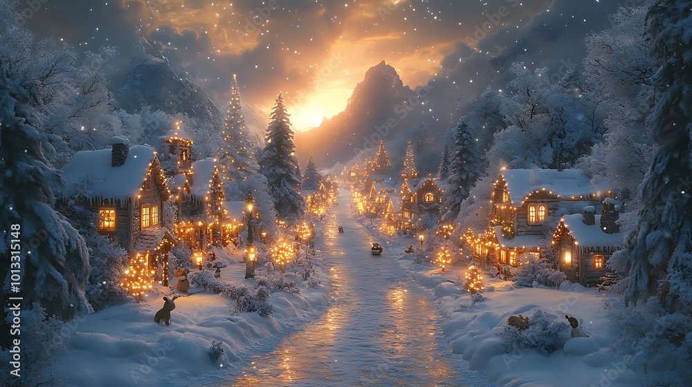 A quaint, snowy village nestled in a valley, illuminated by warm string lights as the sun sets over the mountains. A quaint, snowy village nestled in a valley, illuminated by warm string lights as the sun sets over the mountains.