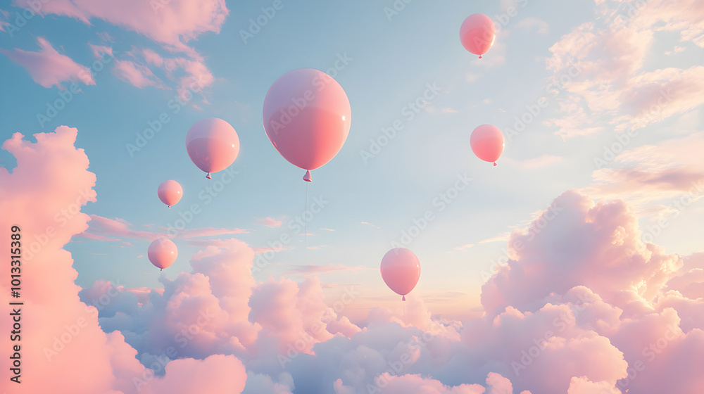 Obraz premium Floating pastel colored balloons drift peacefully in cloudy sky