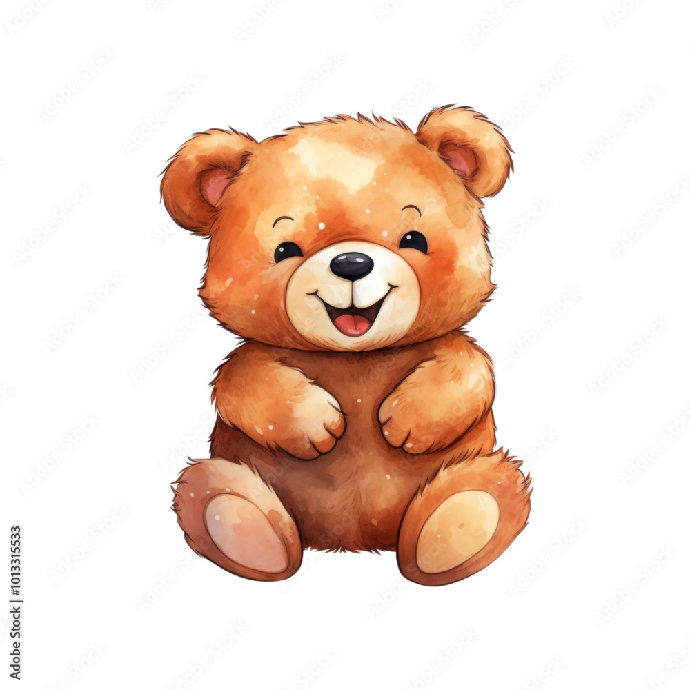 smiling teddy bear with large brown eyes. This bear is ideal for use in children's books, toys, greeting cards, and nursery decor. A cute and cuddly character. Generative AI smiling teddy bear with large brown eyes. This bear is ideal for use in children's books, toys, greeting cards, and nursery decor. A cute and cuddly character. Generative AI