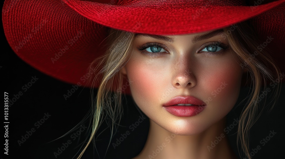 Portrait of a woman in a striking red hat, showcasing beauty. Portrait of a woman in a striking red hat, showcasing beauty.