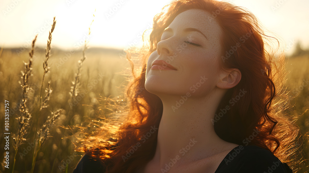 woman with flowing red hair enjoys warm sunlight in field woman with flowing red hair enjoys warm sunlight in field