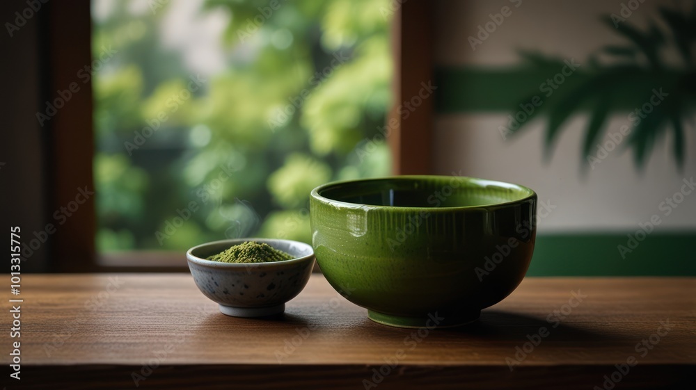 Japanese matcha drink in a bowl that made from real matcha or matcha powder Japanese matcha drink in a bowl that made from real matcha or matcha powder