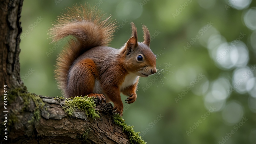 Red squirrel perched on a tree. Red squirrel perched on a tree.
