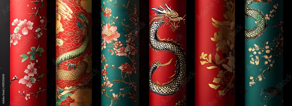 Traditional asian fabric patterns with dragon and floral designs Traditional asian fabric patterns with dragon and floral designs