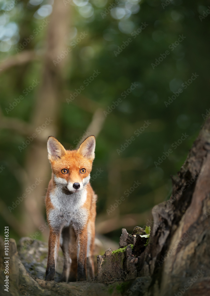 Portrait of a cute red fox standing on a tree in a forest Portrait of a cute red fox standing on a tree in a forest