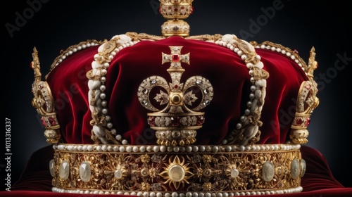 Elegant red velvet pillow with golden crown on dark background for royal throne design