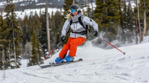 a smiling woman skier in a white and grey jacket