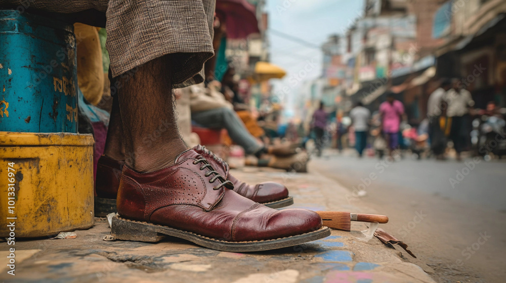 Obraz premium Brown leather shoe wearing man on road
