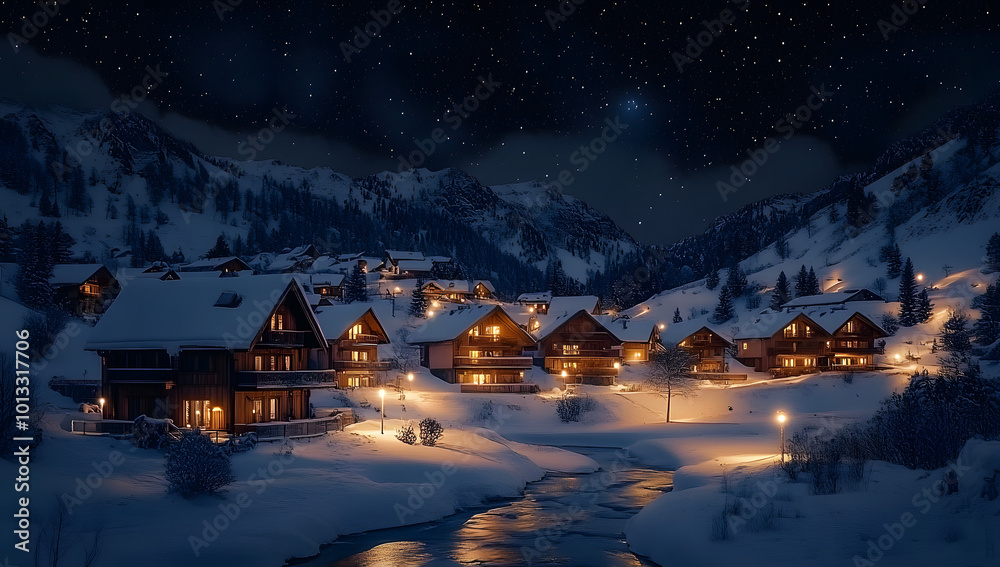 Fototapeta premium Snow-covered village illuminated by warm lights under a starry sky