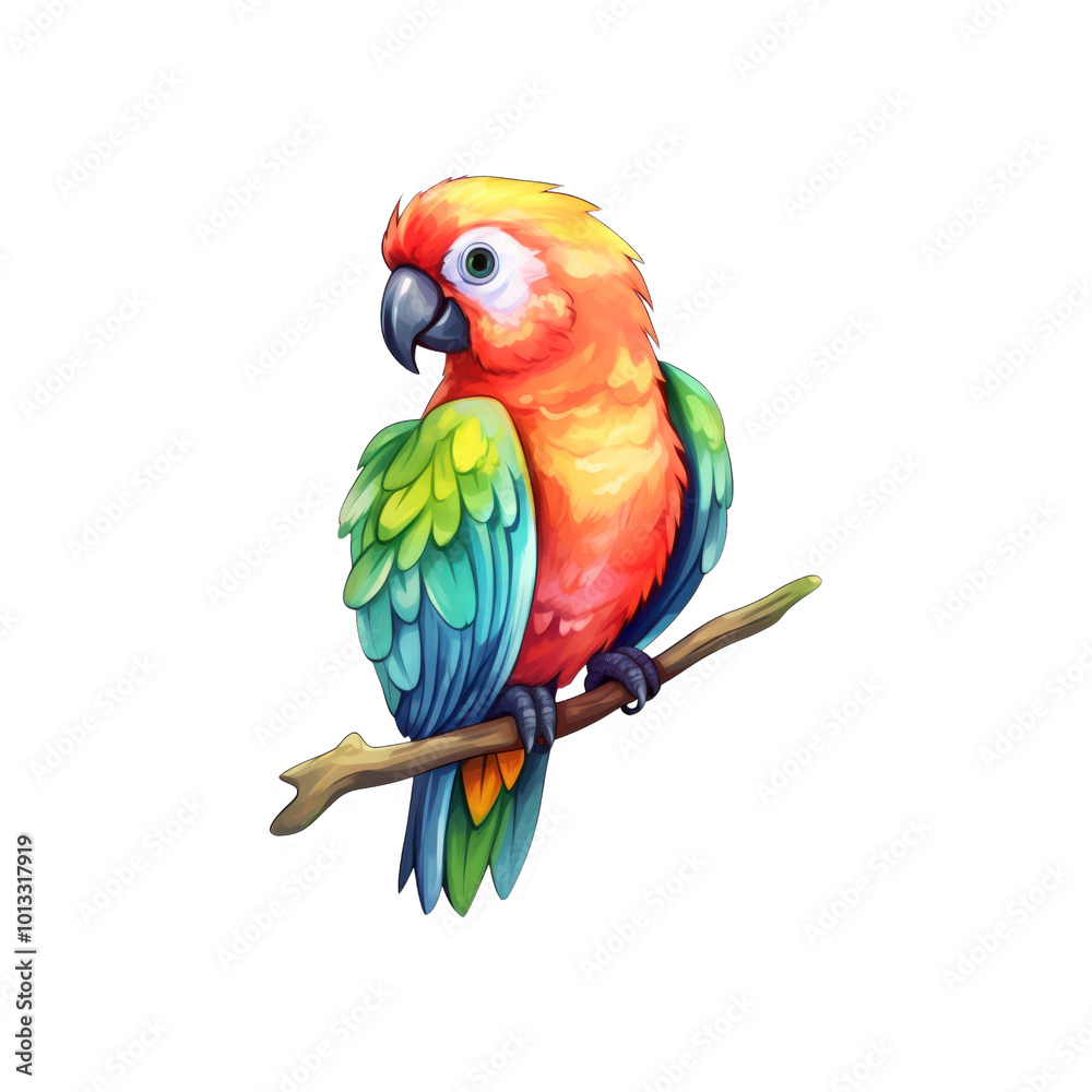 A colorful parrot perched on a branch with green and blue feathers. This vibrant bird illustration is perfect for nature themed designs and publications. Generative AI A colorful parrot perched on a branch with green and blue feathers. This vibrant bird illustration is perfect for nature themed designs and publications. Generative AI