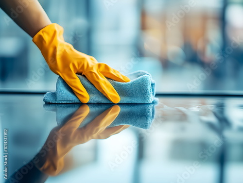 A hand in a yellow glove, wiping a glass window with a microfiber cloth, cleaning housekeeping concept