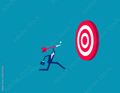 Courage or ambition to reach goal, business challenge or aiming for target, achievement, reach target bullseye, aspiration, objective or purpose concept, courage businesswoman jump to hit target.