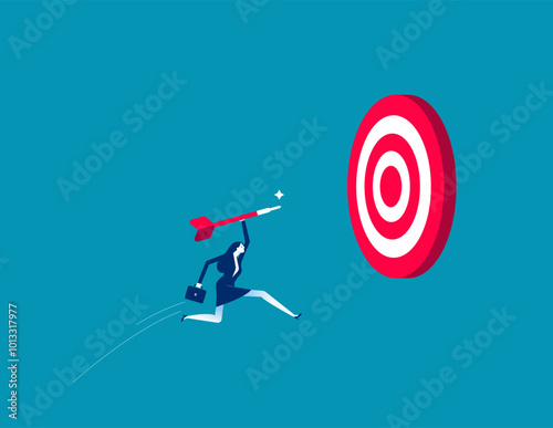 Courage or ambition to reach goal, business challenge or aiming for target, achievement, reach target bullseye, aspiration, objective or purpose concept, courage businesswoman jump to hit target.