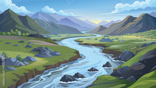 Fresh water streaming across the green valley vector illustration