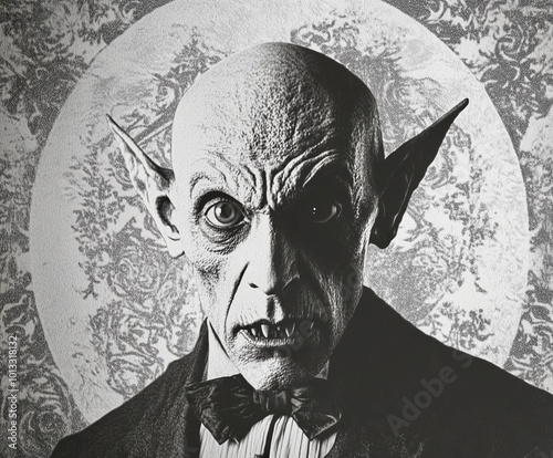 A chilling, monochromatic portrait of a vampire-inspired character with elongated ears, sunken eyes, and a sinister expression. This gothic figure exudes an eerie, timeless horror aesthetic.