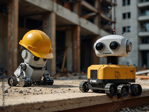 Robot with a hard hat near a building under construction.