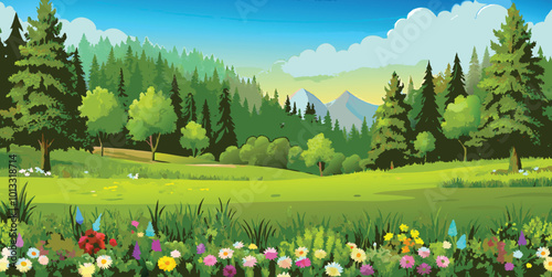 Meadow and forest, nature landscape, vector art illustration background