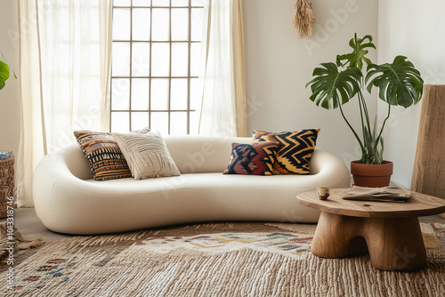 A cozy living room with a sculptural sofa and patterned cushions, perfect for showcasing eclectic and comfortable interior design photo