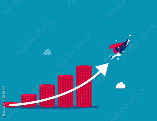Money growth investment growing profit or compound interest, financial planning or increase revenue or income, wealth accumulation concept, success businessman superhero flying up money coins stack.
