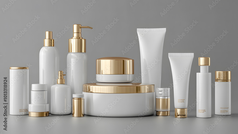 3D rendering design of various white and gold beauty product bottles design, jars, tubes design, pump heads design, front view design, on a gray background design