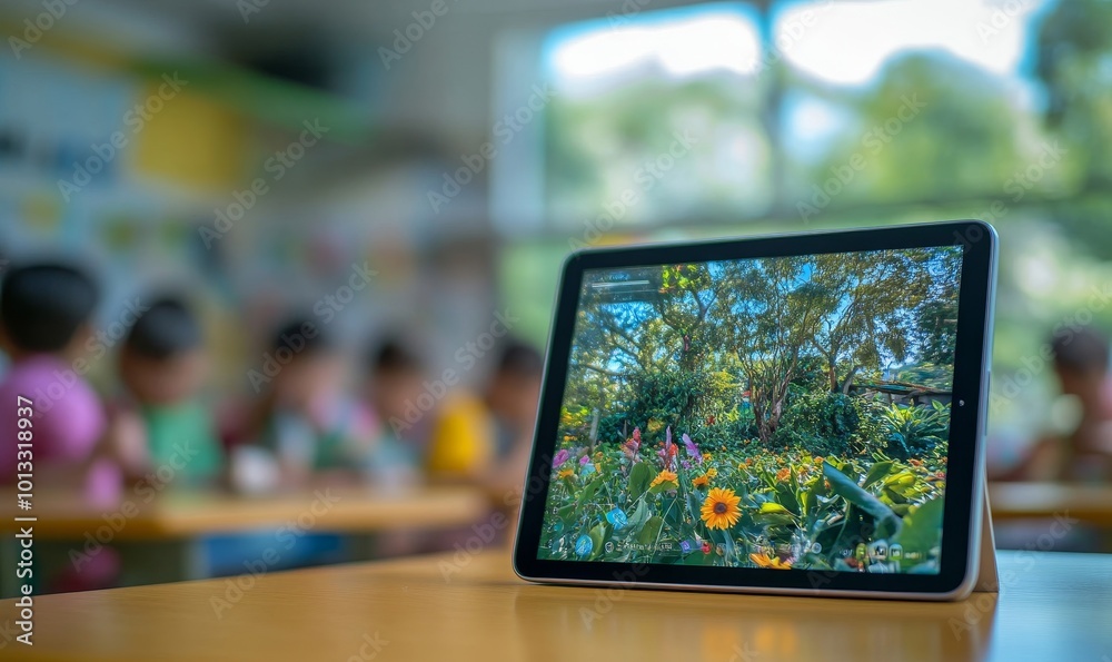 A tablet on a classroom desk displays augmented reality, showcasing an innovative and engaging learning experience. AR in education revolutionizes traditional teaching, Generative AI A tablet on a classroom desk displays augmented reality, showcasing an innovative and engaging learning experience. AR in education revolutionizes traditional teaching, Generative AI