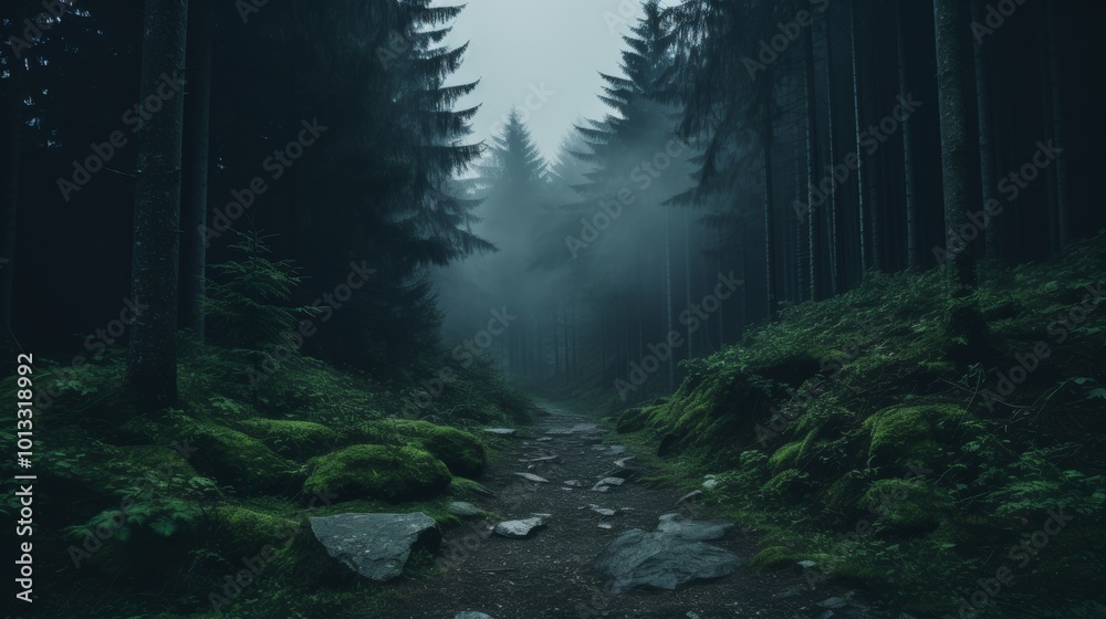 Misty forest landscape showcasing lush greenery and an enchanting, mysterious atmosphere Misty forest landscape showcasing lush greenery and an enchanting, mysterious atmosphere
