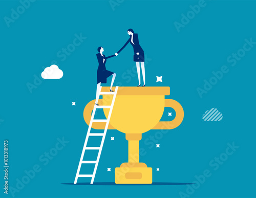 Partnership help success, support or mentor to assist to achieve goal and win together, teamwork, trust or leadership concept, businessman help colleagues to climb up ladder step on winning trophy.