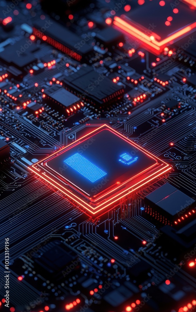 Close-up of a circuit board with glowing components and intricate details. Close-up of a circuit board with glowing components and intricate details.