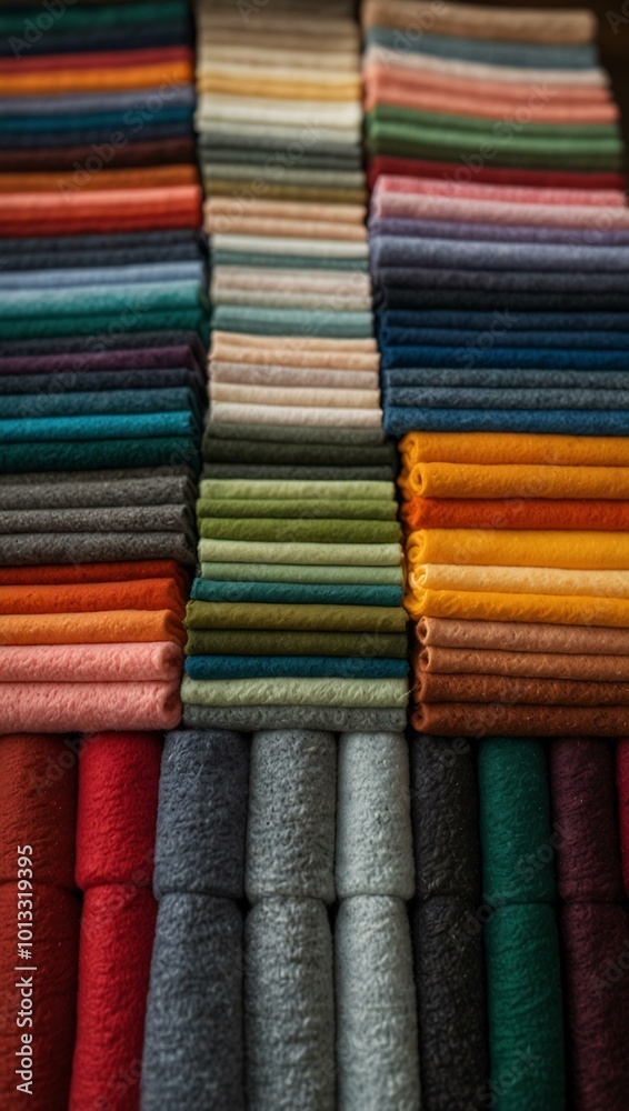Row of colorful folded wool fabric samples. Row of colorful folded wool fabric samples.