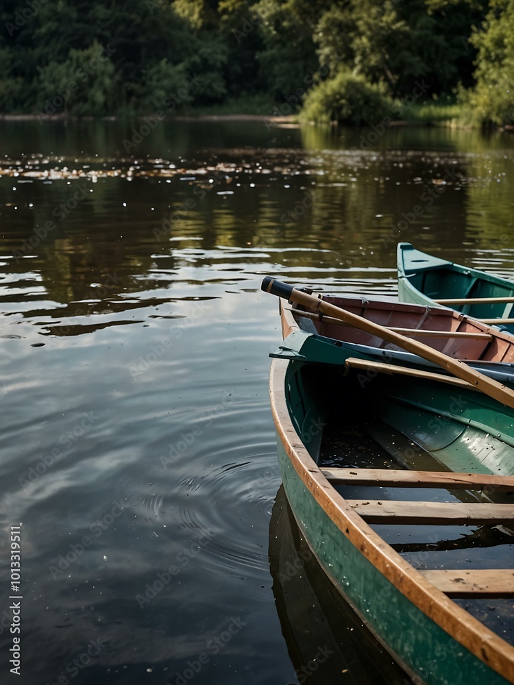Rowing boats floating on a large river. Rowing boats floating on a large river.