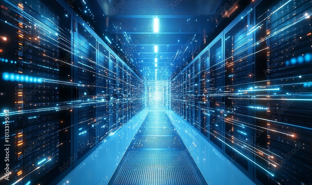 Shot of Corridor in Working Data Center Full of Rack Servers and Supercomputers with High Internet Visualisation Projection Shot of Corridor in Working Data Center Full of Rack Servers and Supercomputers with High Internet Visualisation Projection