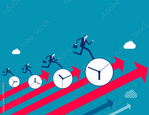 Time management, effort or efficiency boost, productivity to finish project, teamwork or planning, multitasking or finish work within deadline concept, business people riding clock up rising arrow.