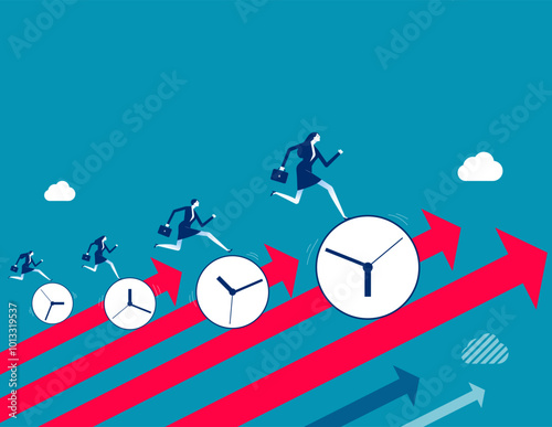 Time management, effort or efficiency boost, productivity to finish project, teamwork or planning, multitasking or finish work within deadline concept, business people riding clock up rising arrow.