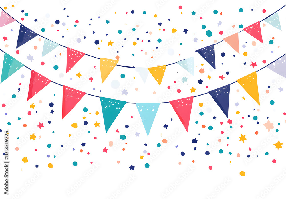 Fototapeta premium Colorful party supplies, such as paper garlands and confetti designs, on a white background design. Flat vector illustration design