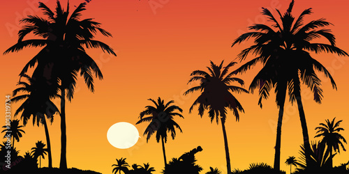 Palm tree silhouette background. California sunset landscape with exotic plants on horizon. Tropical forest and mountains. Scenic night sky. Nature panorama vector art illustration