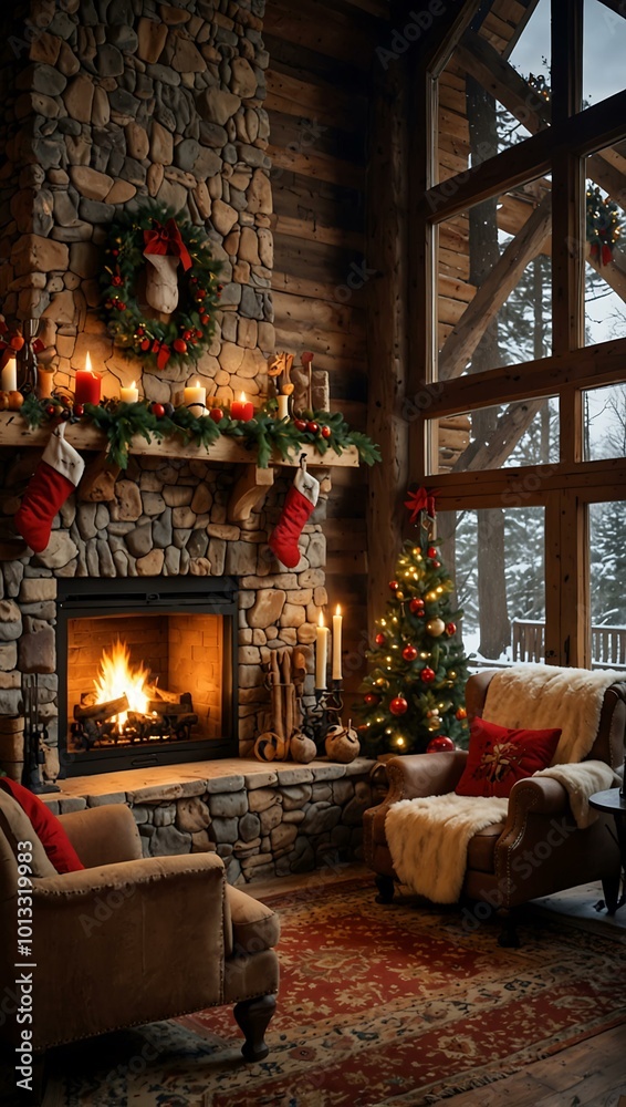 Rustic cabin with a fireplace decorated for Christmas. Rustic cabin with a fireplace decorated for Christmas.