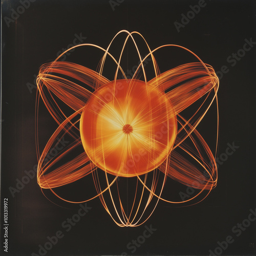 The abstract image represents energy and particles, with a glowing sphere in the center, connected by thin lines resembling explosions or molecular structures. photo