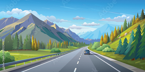 Perspective of a driving on a highway across the mountain landscape vector art illustration