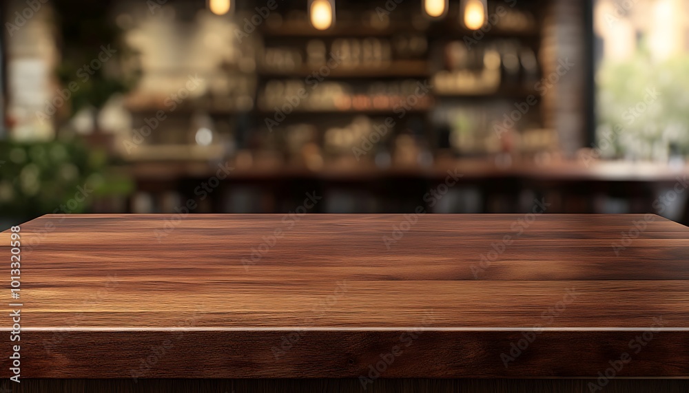 Wooden Tabletop with Blurred Cafe Background Wooden Tabletop with Blurred Cafe Background