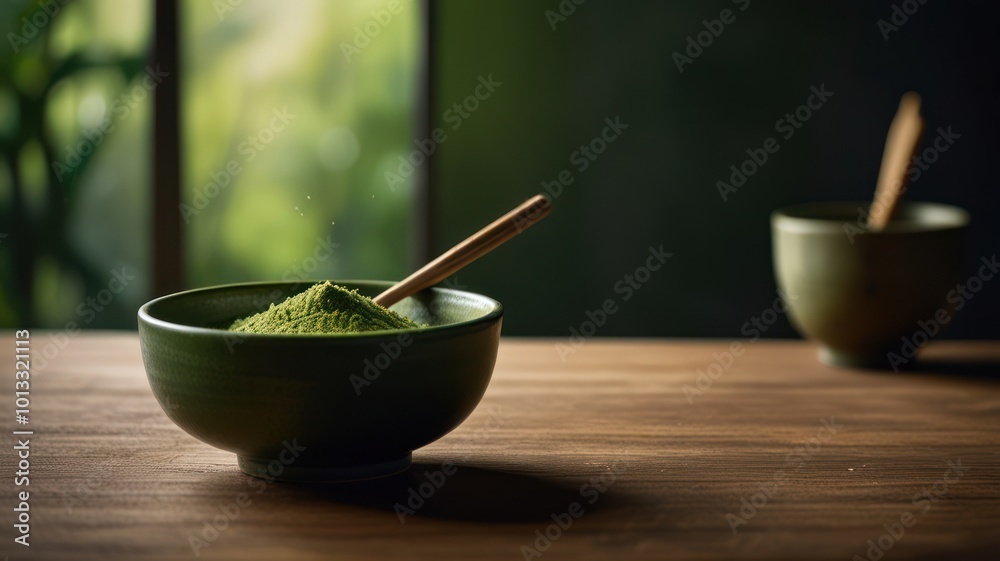 Japanese matcha drink in a bowl that made from real matcha or matcha powder Japanese matcha drink in a bowl that made from real matcha or matcha powder